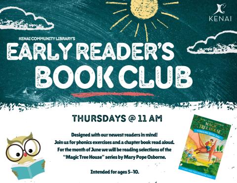 Text saying Early Reader's Book Club and a picture of an owl reading