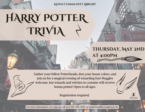 Text says Harry Potter Trivia with Diagon Alley in background