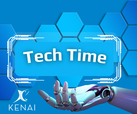 Blue geometric background with a robotic hand and the text Tech Time