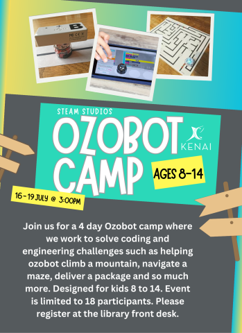 Gray and Teal background, three pictures of Ozobots and the text Ozobot Camp.