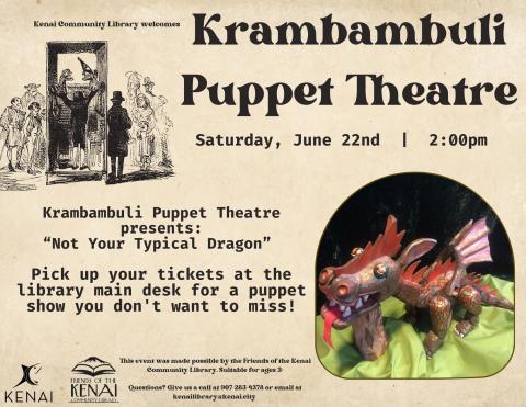 Picture of a dragon puppet and the text Krambambuli Puppet Theatre