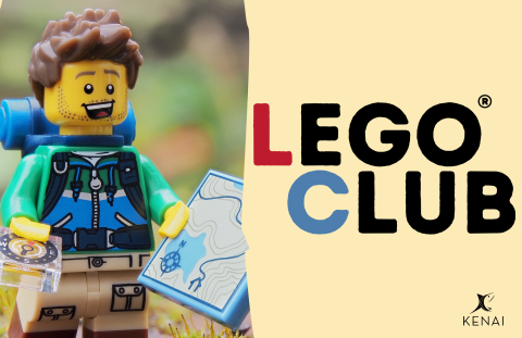 picture of Lego minifig on the left with black text on yellow background on right: "LEGO CLUB" 