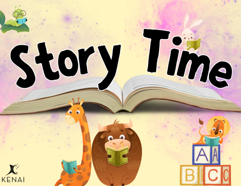 Animals reading books, a large open book with the test Story Time