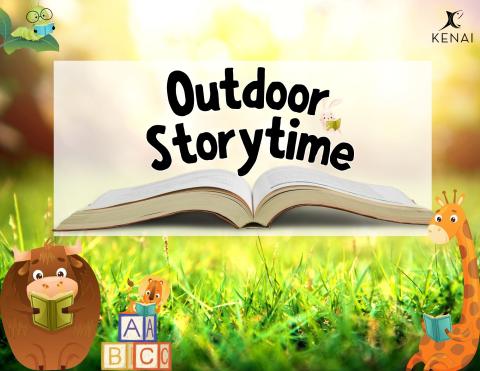 Colorful background with text that reads " Outdoor storytime". Includes various cartoon animals reading books.