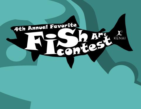 black fish silhouette on blue background that reads 4th annual  favorite fish art contest Kenai Community Library