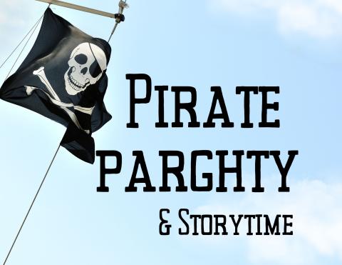 Jolly roger flag with black text on blue background, reads "Pirate Parghty & Storytime"