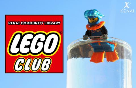 White text on Red background reads: Kenai Community Library Lego Club. Picture of a lego figurine swimming. 