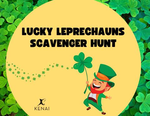 Black text on yellow background reads Lucky Leprechaun Scavenger Hunt, with image of a leprechaun and shamrock