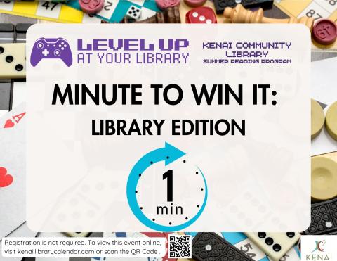 Black text reads : Minute to win it: Library edition" with symbol for 1 minute below. 