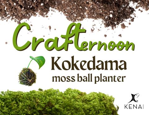 event flyer text reads: crafternoon kokedama moss ball planter