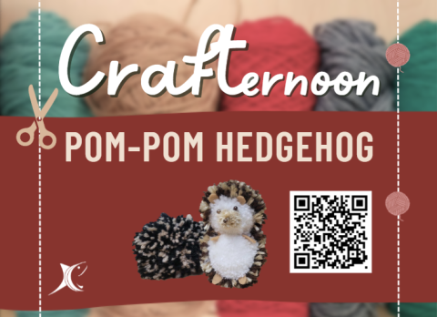 "Crafternoon Pom-Pom Hedgehog" and an image of the craft being made at the event