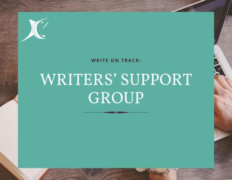 Text Reads: Write on track: Writers' Support Group on blue background.