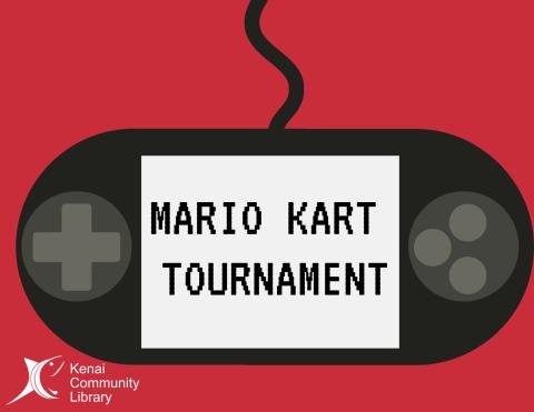 black text on a neutral background reads "Mario Kart Tournament" with a cartoon game controller as a border. 