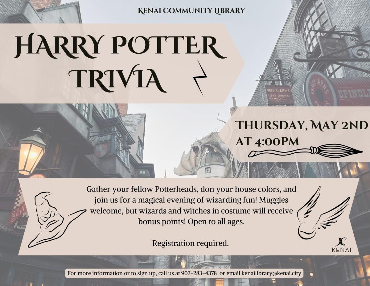 Text says Harry Potter Trivia with Diagon Alley in background