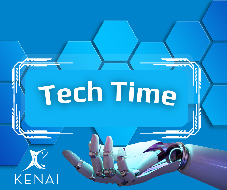 Blue geometric background with a robotic hand and the text Tech Time