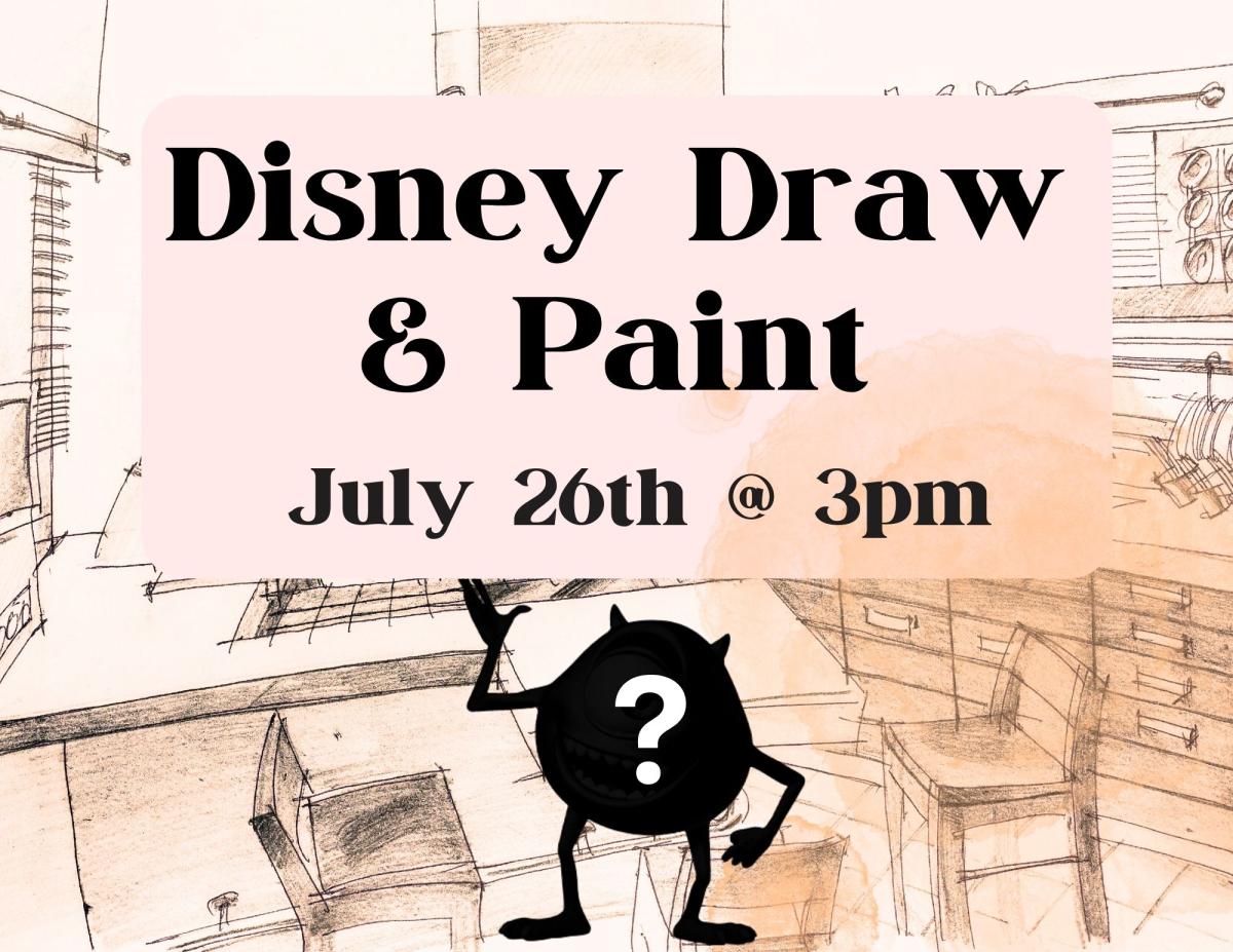 Text with the words Disney Draw & Paint and an outline of a monster.