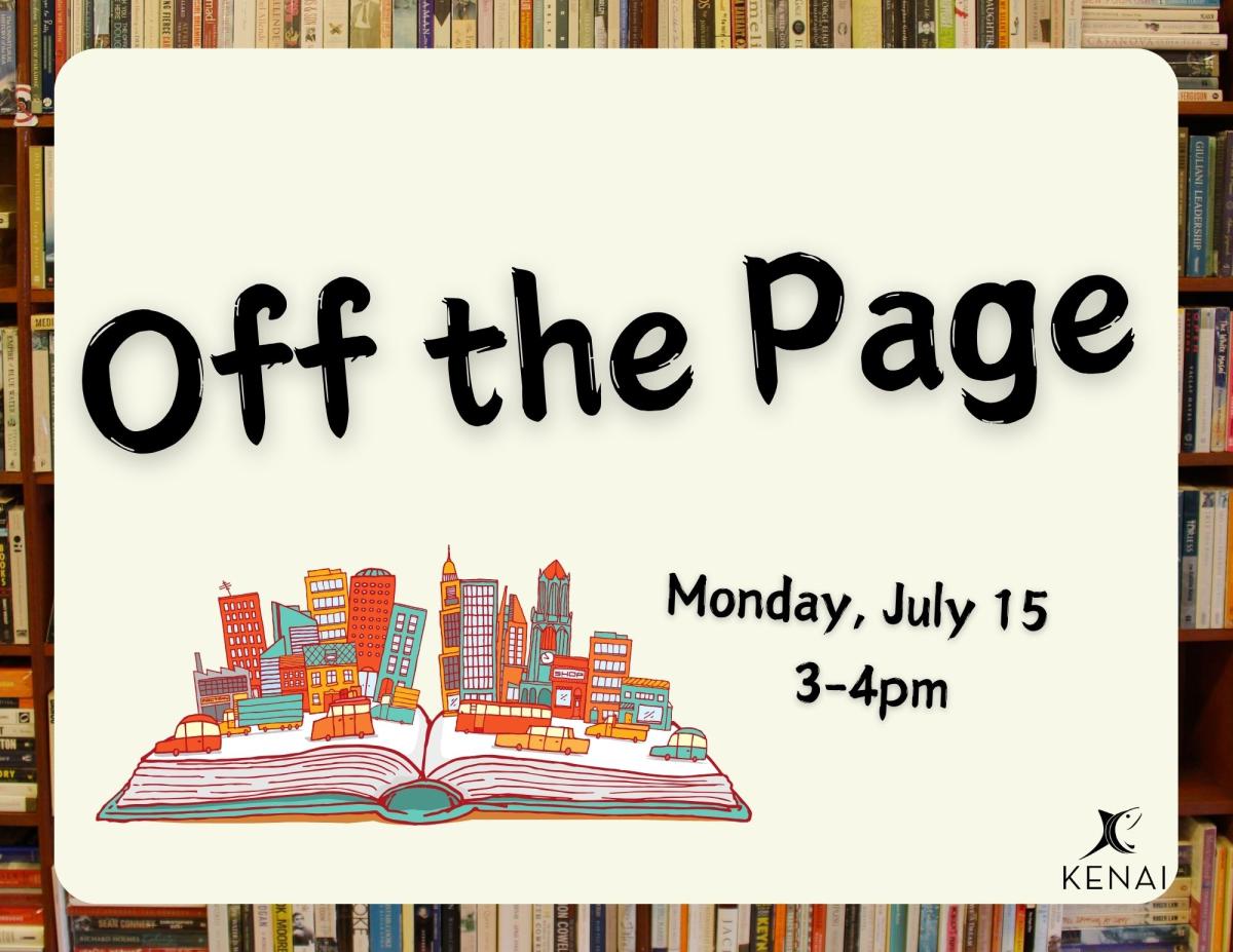 City coming out of a book, with black text: Off the Page, Monday July 15, 3-4pm.