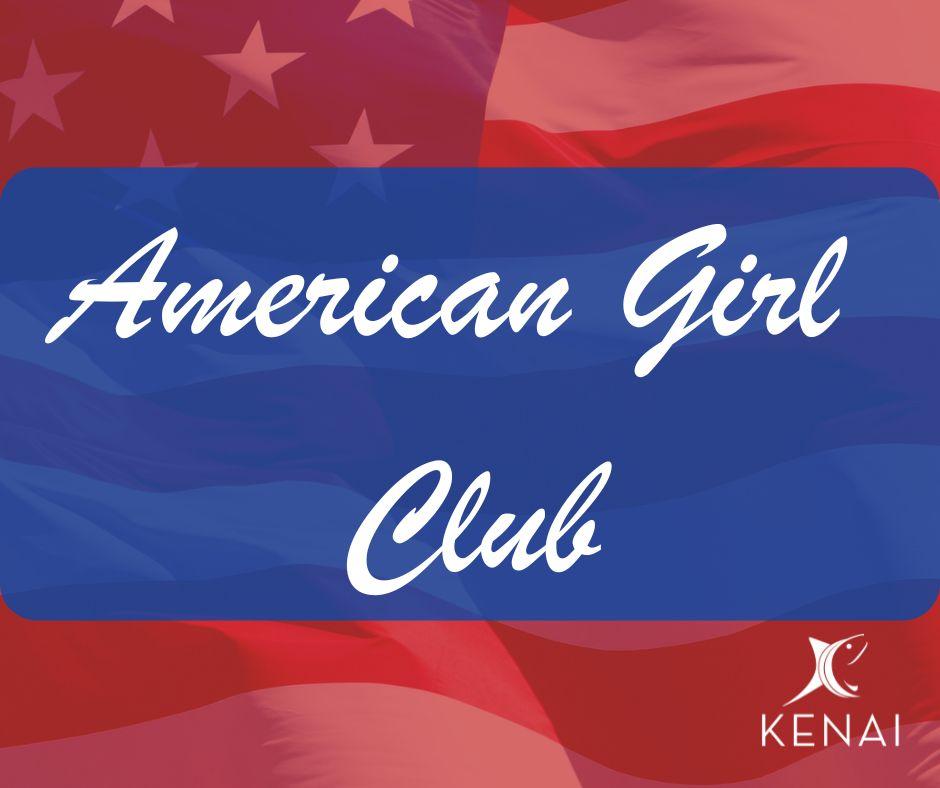 Text with the words American Girl Club on a blue and red background