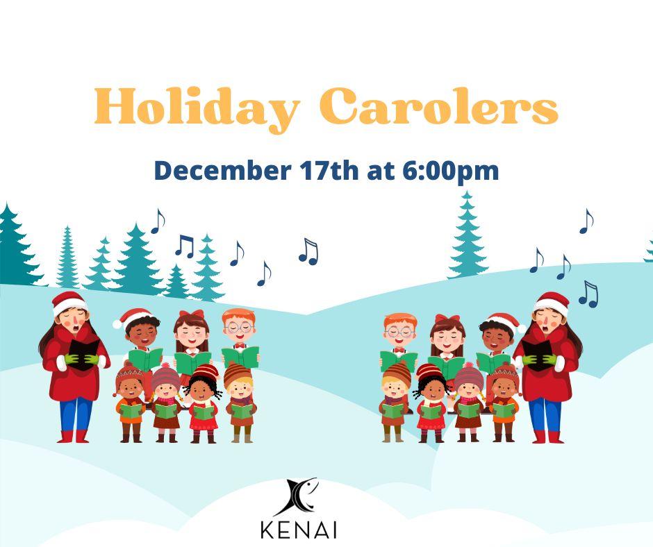 Snow scene with Carolers and music notes.  Text reads Holiday Carolers and has a date for December 17th at 6:00pm