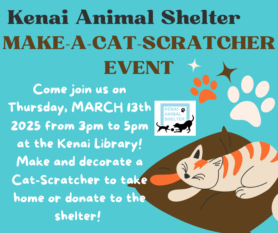 Picture of a cat on a scratching Bed with the Kenai Animal Shelter Logo