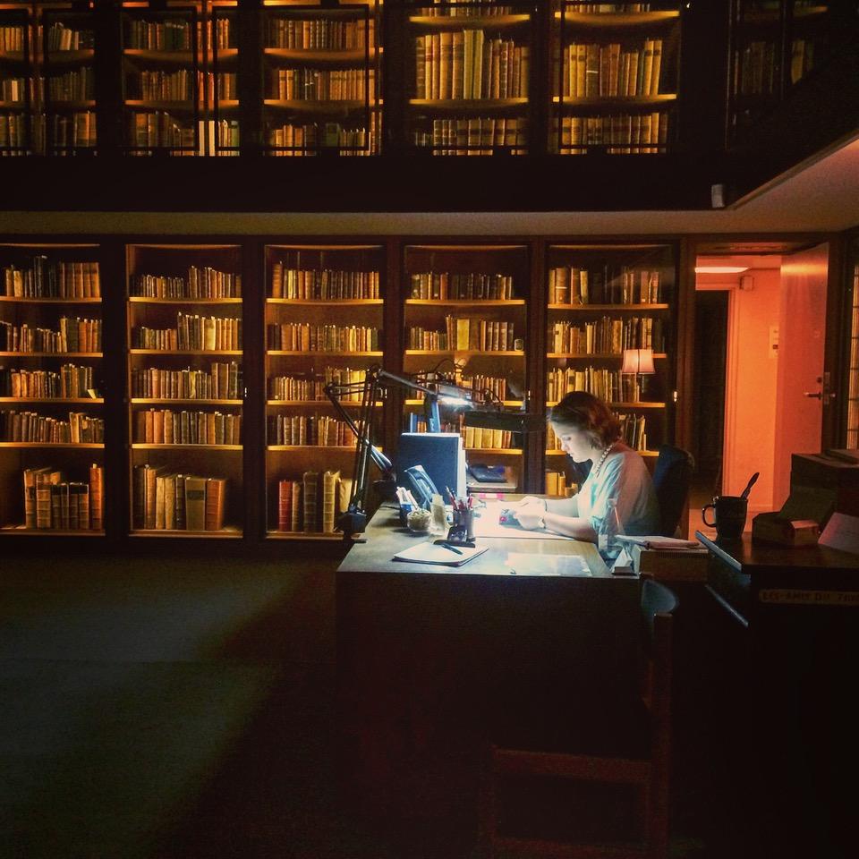 Picture of a person in a library at a desk.