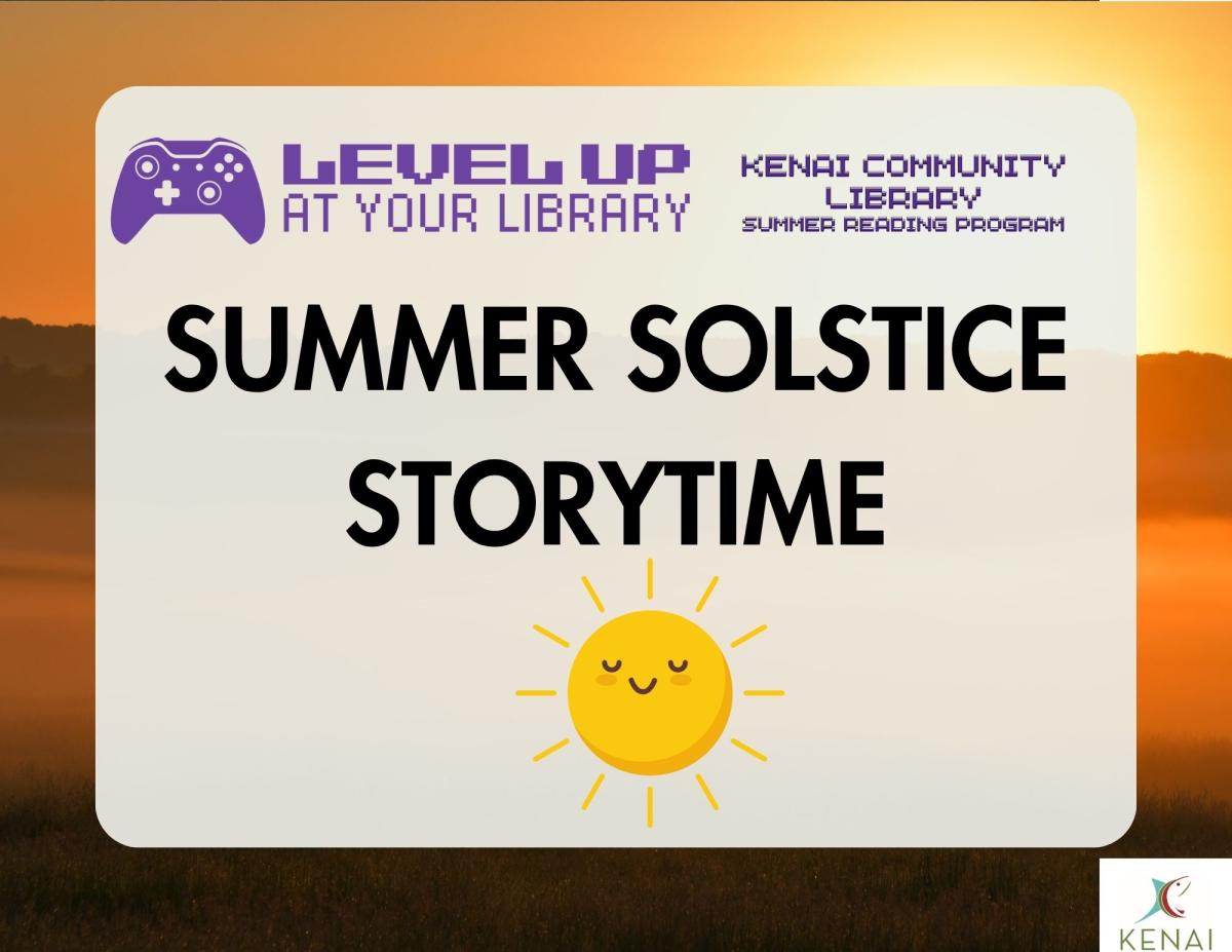 Black text on neutral background reads "Summer Solstice Storytime" with drawing of the sun.