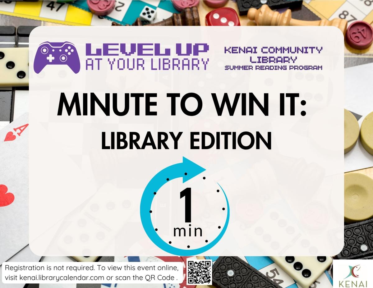 Black text reads : Minute to win it: Library edition" with symbol for 1 minute below. 